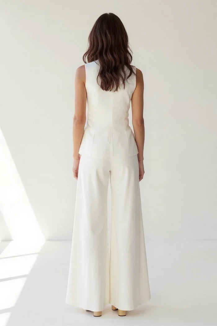 Conjunto De Mujer Con Chaleco Ajustado Con Botones Frontales Y Pantalones De Pierna Ancha