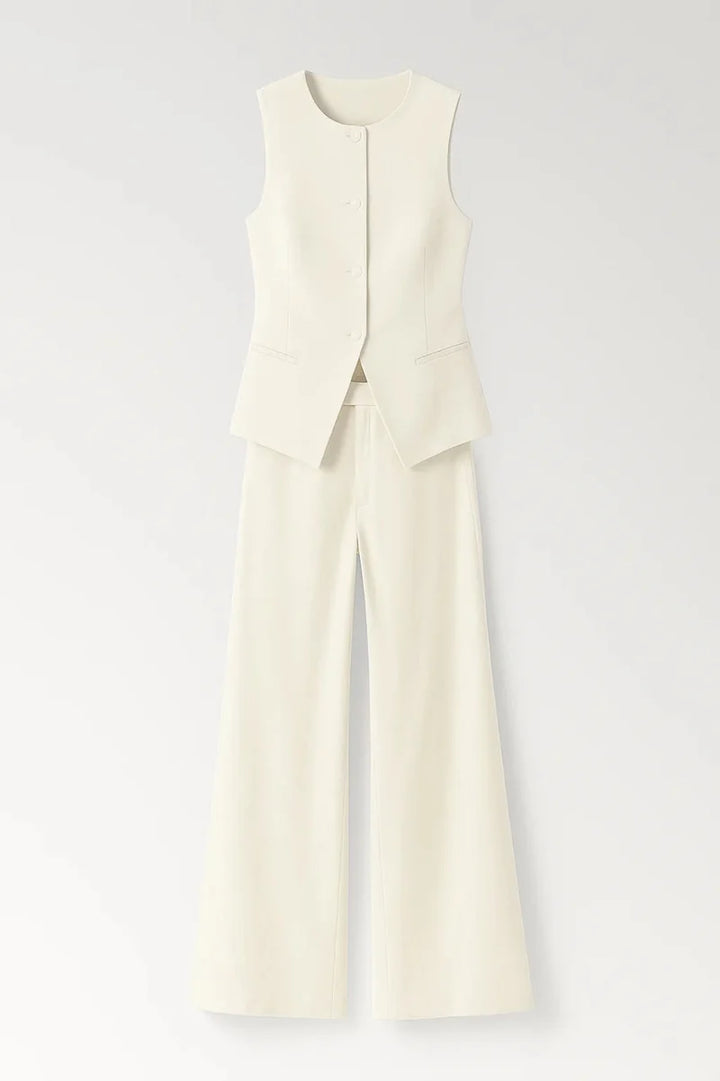 Conjunto De Mujer Con Chaleco Ajustado Con Botones Frontales Y Pantalones De Pierna Ancha
