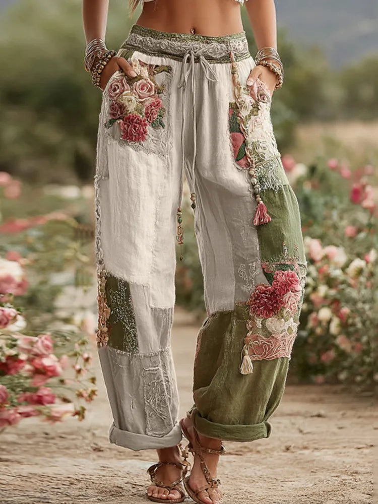 PANTALONES DE LINO RETRO CON PATCHWORK DE ROSAS Y FLORES COLECCIÓN LOVE & HEALTH