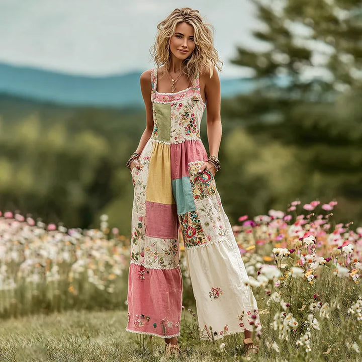Macacão Confortável Vintage Com Aplicações Florais Artísticas Para Mulher