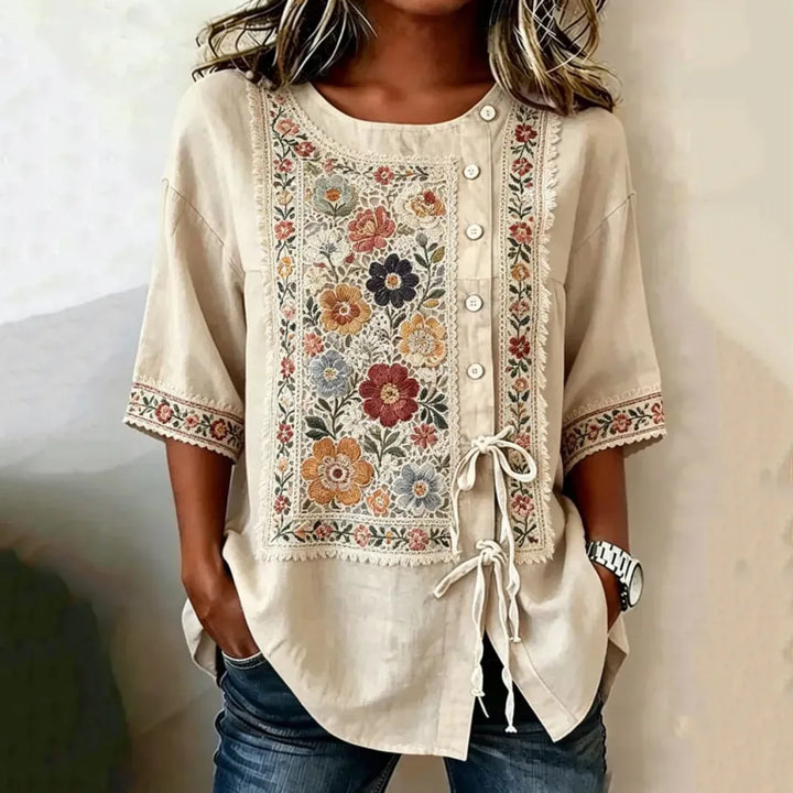 Top Boho Floral Retro Manga Curta
