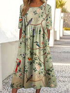 VESTIDO MIDI SUELTO CON ESTAMPADO FLORAL y PÁJAROS JAPONÉS CUELLO REDONDO