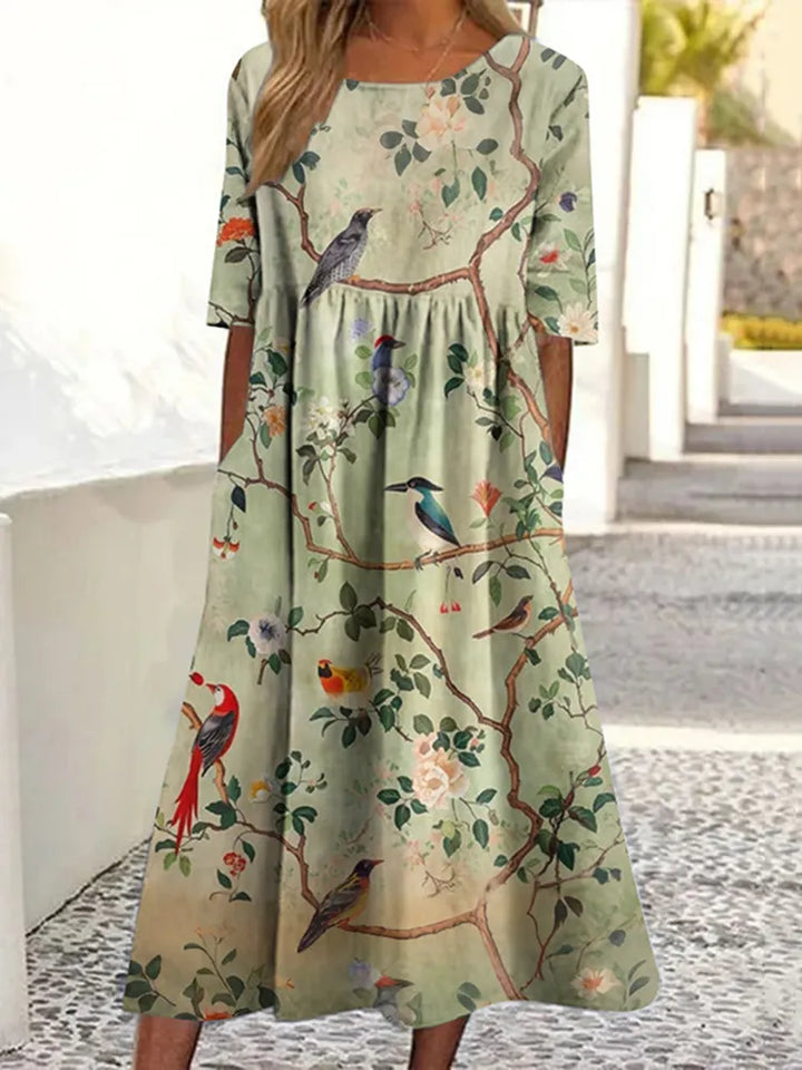 Vestido Midi Solto Com Padrão Floral E Pássaros Japonês Gola Redonda