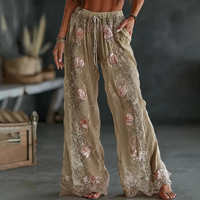 Pantalones Casuales De Lino Mixto Con Estampado Floral Bordado Vintage De Primavera Para Mujer