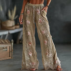 PANTALONES CASUALES DE LINO MIXTO CON ESTAMPADO FLORAL BORDADO VINTAGE DE PRIMAVERA PARA MUJER