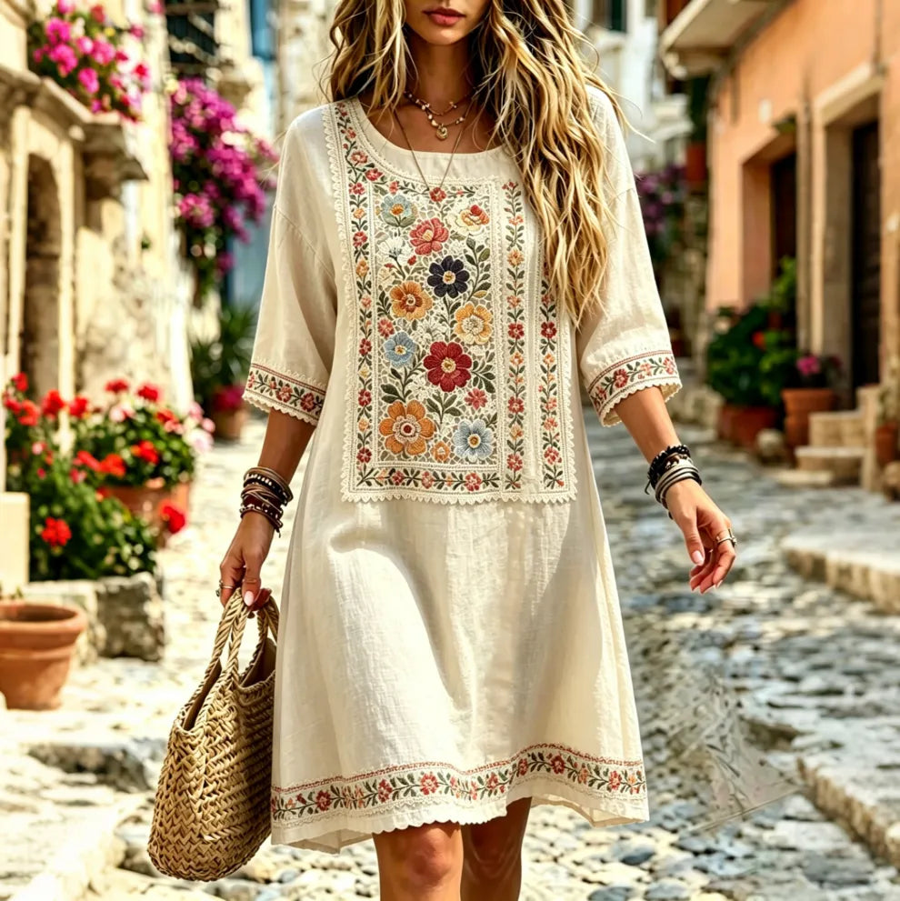 Vestido de algodón y lino retro minimalista de vacaciones para mujer