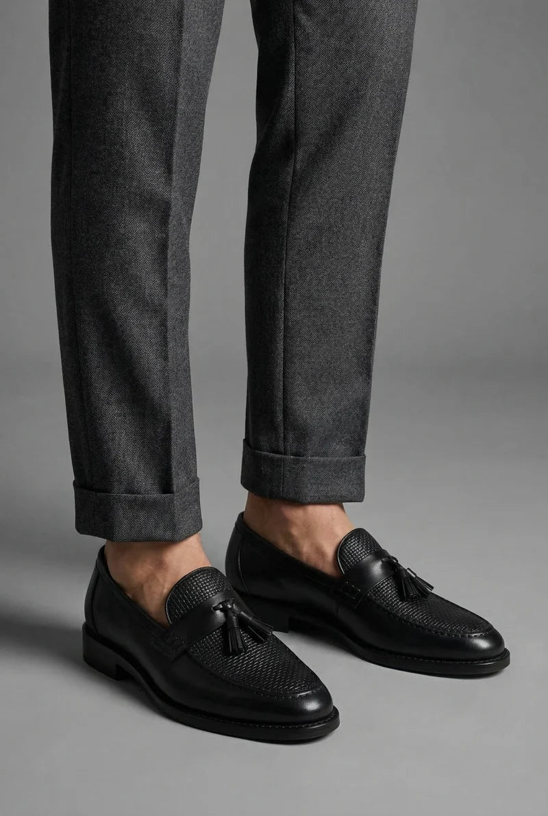 Mocasines Masculinos De Cuero Trenzado Con Borlas – Zapatos Acolchados Sin Cordones Para Oficina Y Estilo Casual Elegante