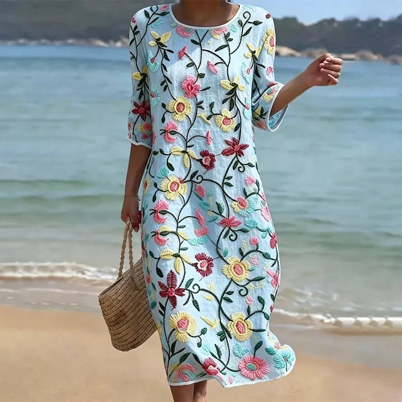 Vestido Vintage Solto De Manga 3/4 Com Estampado Floral Em Mistura de Linho
