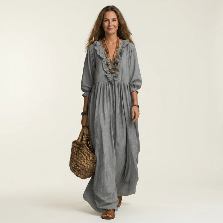 Rosa - Vestido Maxi Con Mangas Farol Y Rayas