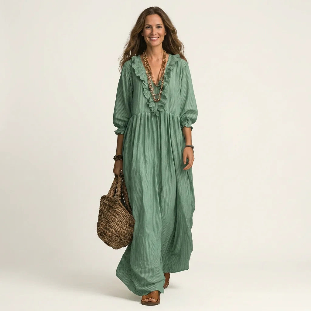 Rosa - Vestido Maxi Con Mangas Farol Y Rayas