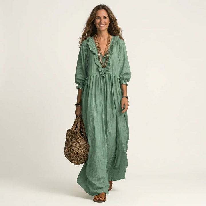 Rosa - Vestido Maxi Con Mangas Farol Y Rayas
