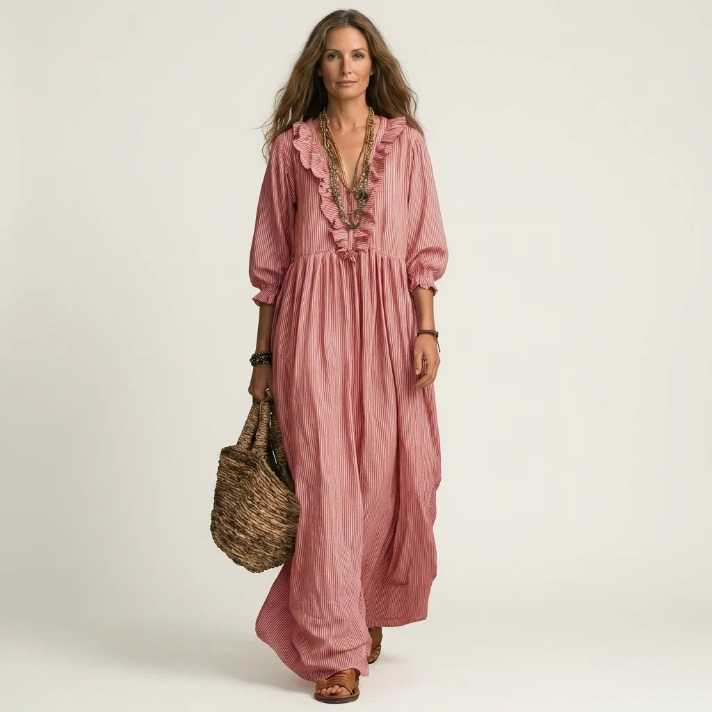 Rosa - Vestido Maxi Con Mangas Farol Y Rayas