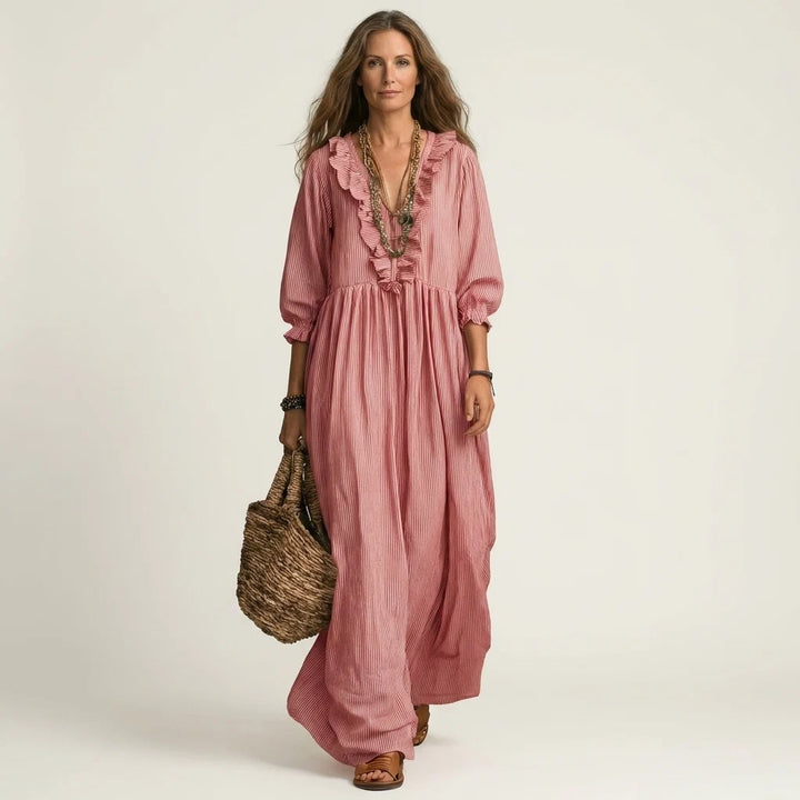Rosa - Vestido Maxi Con Mangas Farol Y Rayas