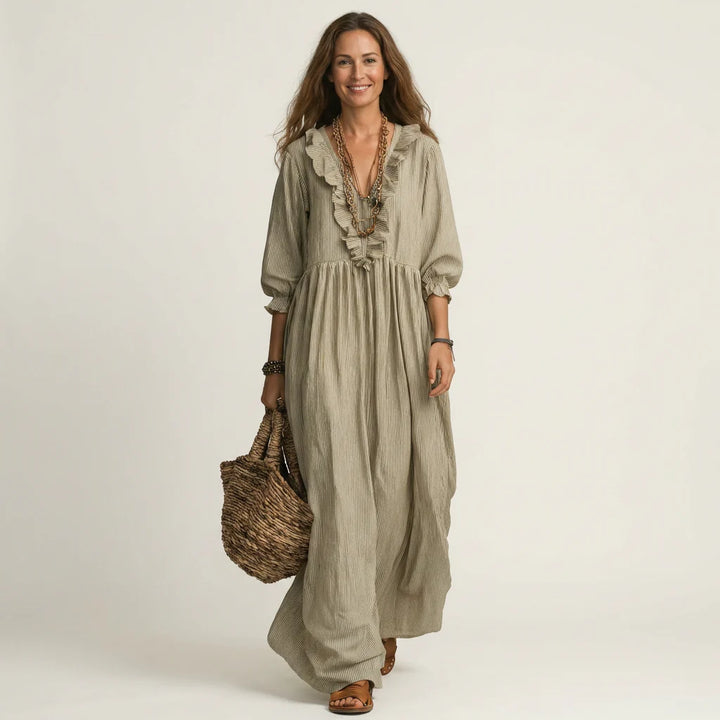 Rosa - Vestido Maxi Con Mangas Farol Y Rayas