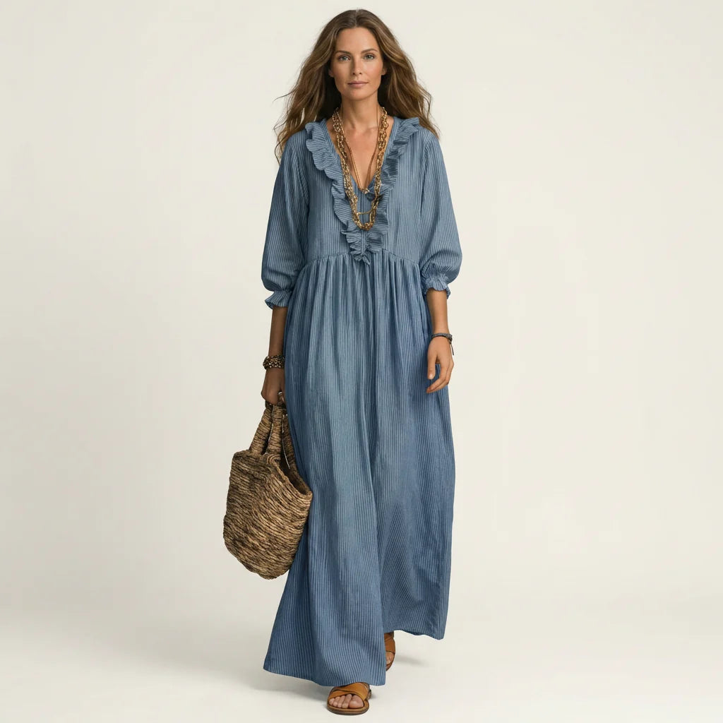 Rosa - Vestido Maxi Con Mangas Farol Y Rayas
