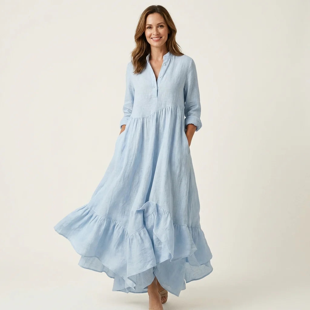 Gisela - Vestido Maxi Con Cuello Alto Y Botones, Con Cortes En Encaje