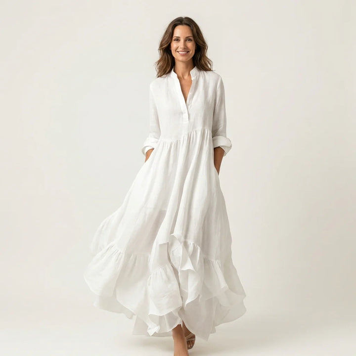 Gisela - Vestido Maxi Con Cuello Alto Y Botones, Con Cortes En Encaje