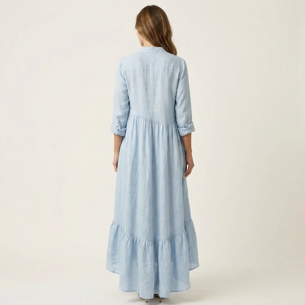 Gisela - Vestido Maxi Con Cuello Alto Y Botones, Con Cortes En Encaje