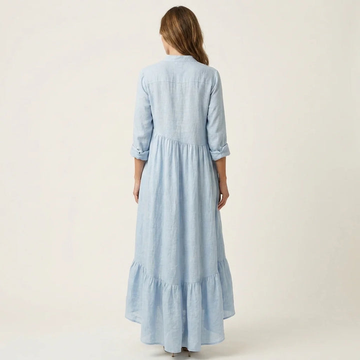 Gisela - Vestido Maxi Con Cuello Alto Y Botones, Con Cortes En Encaje
