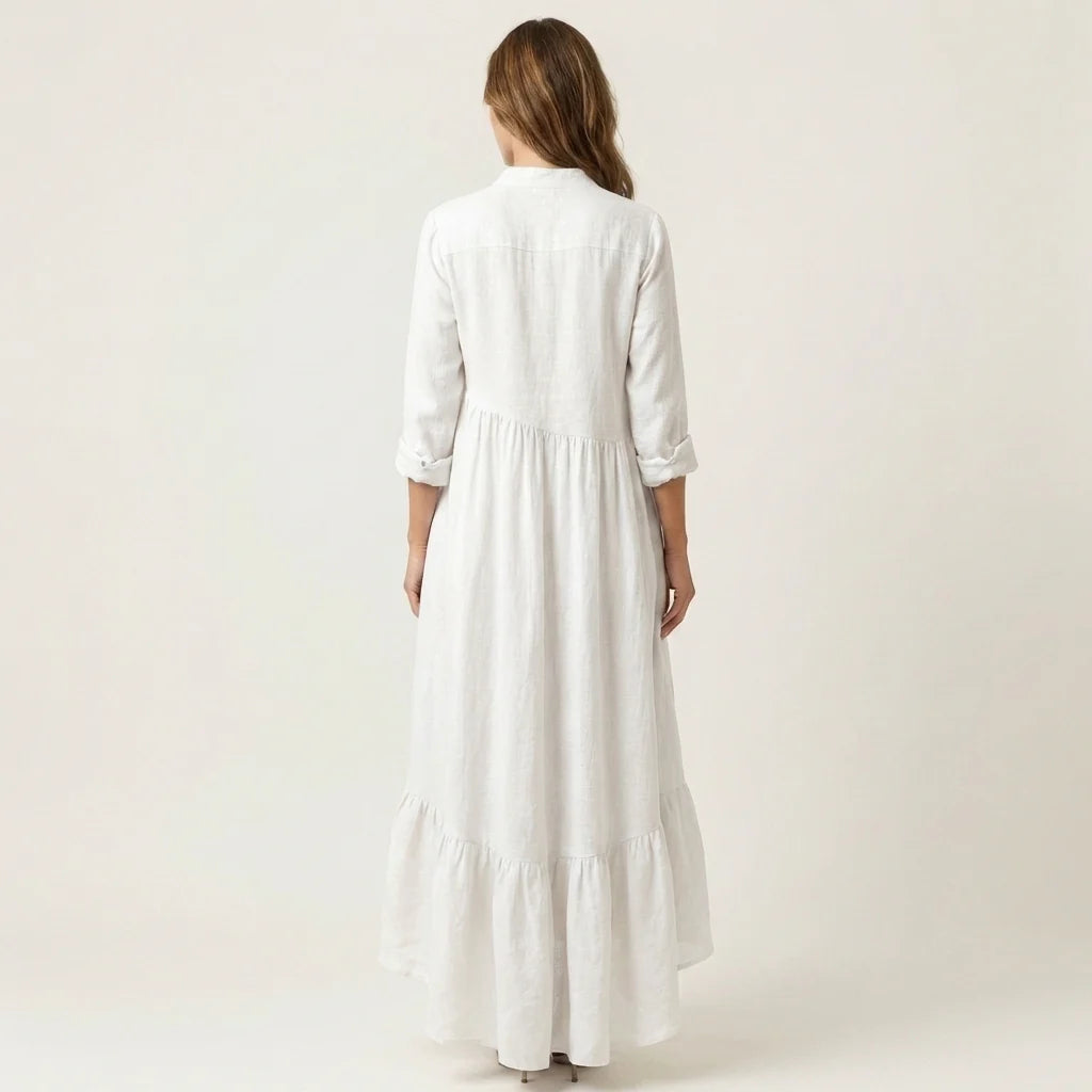 Gisela - Vestido Maxi Con Cuello Alto Y Botones, Con Cortes En Encaje