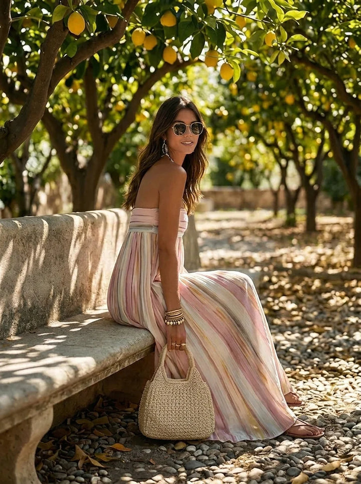 Vestido Maxi De Mujer Sin Mangas Con Escote Cuadrado Y Rayas