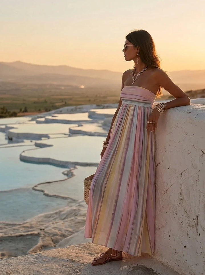 Vestido Maxi De Mujer Sin Mangas Con Escote Cuadrado Y Rayas