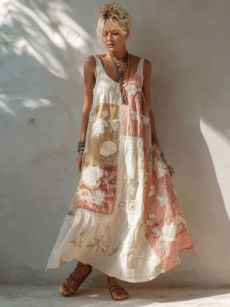Vestido Casual Sem Mangas Com Flores Brancas E Blocos de Cor