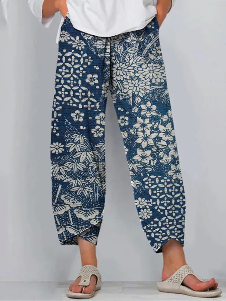 Pantalones Casuales Con Estampado Floral De Arte Japonés Vintage