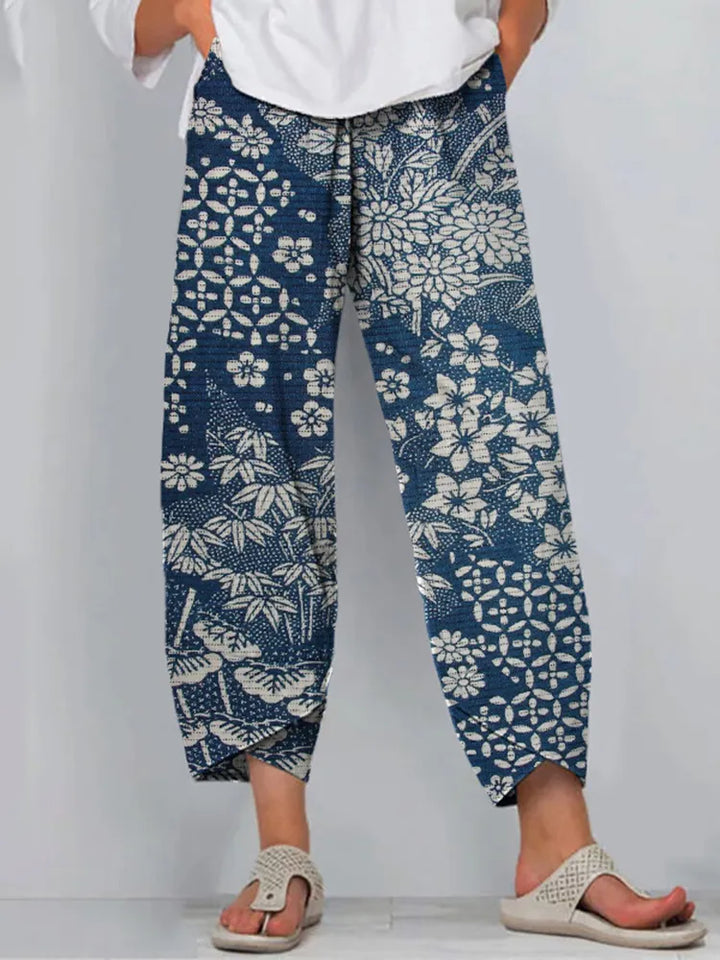 Pantalones Casuales Con Estampado Floral De Arte Japonés Vintage