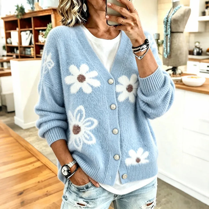 Cárdigan De Punto Esponjoso Jacquard De Margaritas Retro