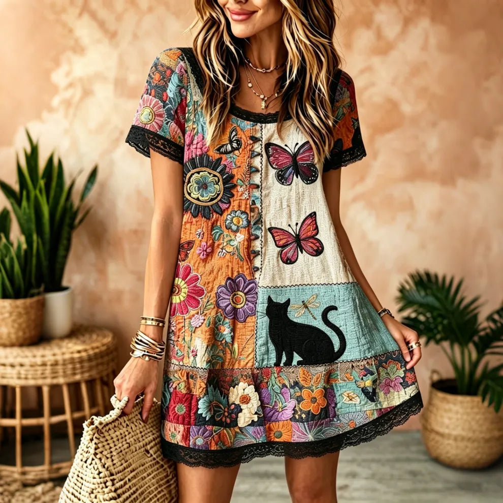Vestido mini lino bordado gato negro hippie cuello redondo manga corta