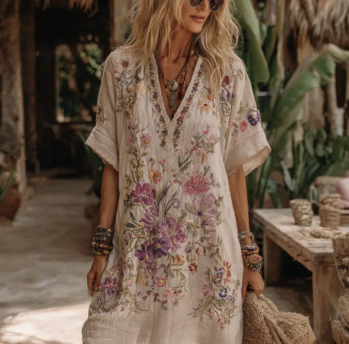 Vestido Midi Cómodo Con Cuello En V Y Bordado Floral Para Mujer