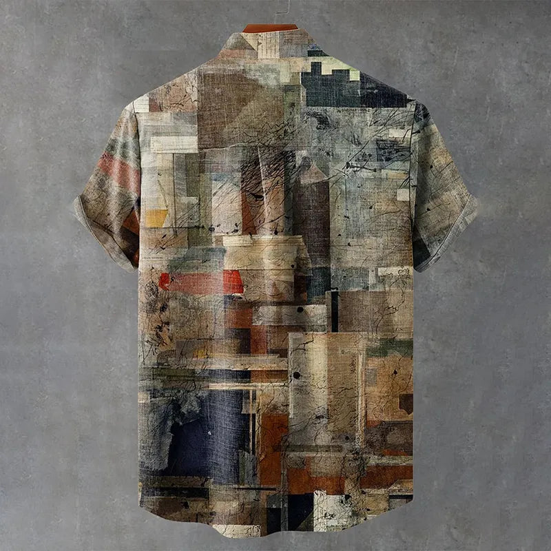 CAMISA DE ALGODÓN y LINO RETRO MASCULINA CON ESTAMPADO DE TEXTURA DESGASTADA