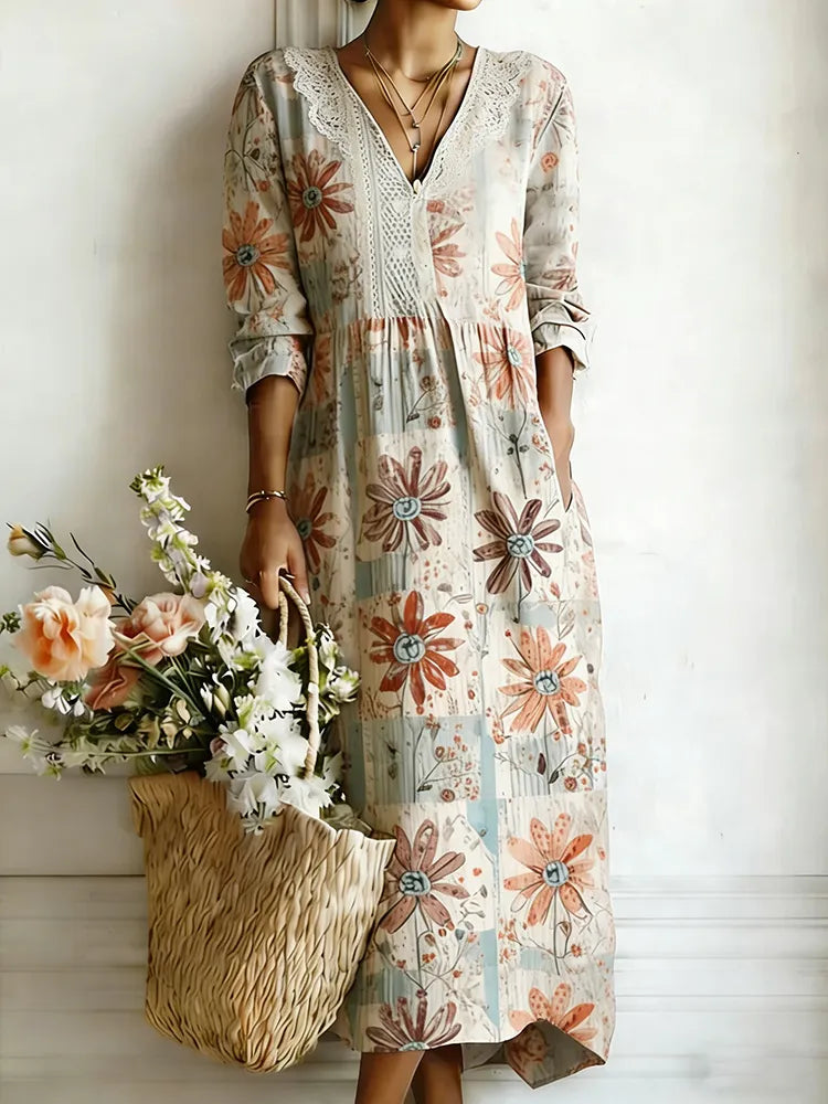 Vestido maxi de lino casual con bordado floral japonés