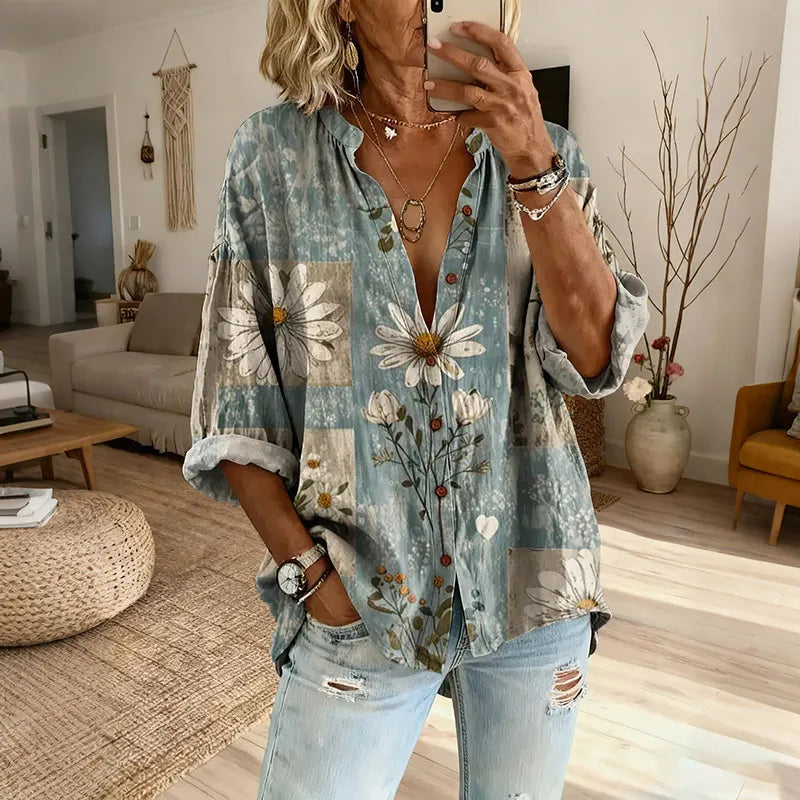 Camisa casual con estampado de margaritas retro para mujer