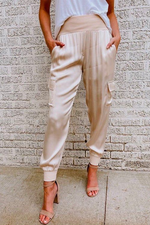 High Waisted Satin Cargo Trousers With Cuffed Hems