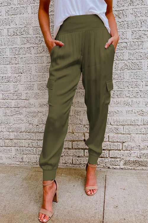 High Waisted Satin Cargo Trousers With Cuffed Hems