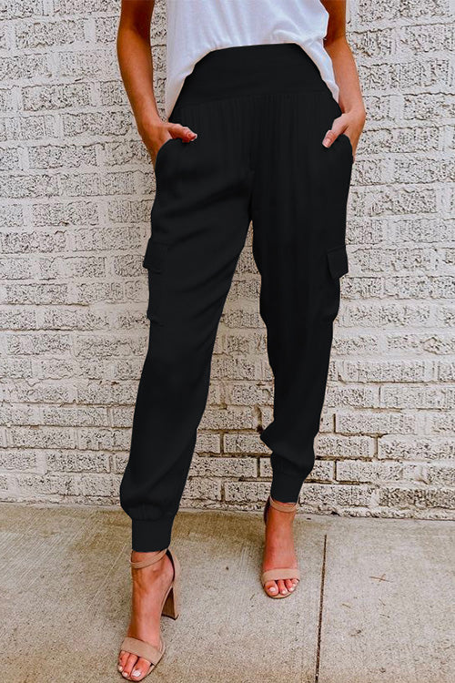 High Waisted Satin Cargo Trousers With Cuffed Hems