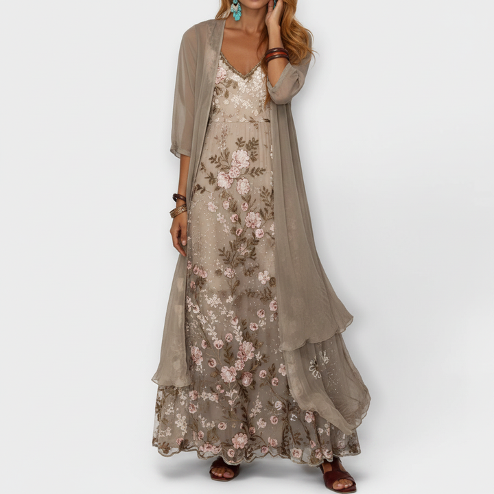 Mara - Conjunto de 2 Peças Vestido Maxi Com Casaco