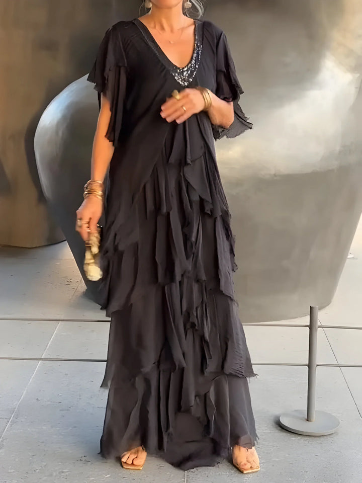 Riza | vestido plissado com decote em v e fluido