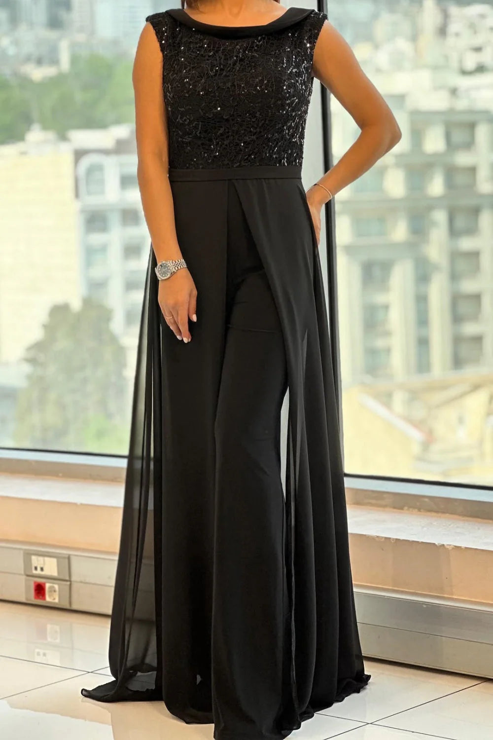 Macacão De Gala Preto Com Saia De Chiffon Sobreposta