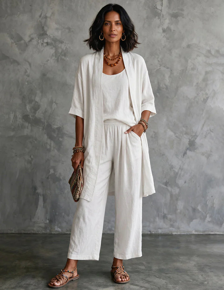 Three-Piece Linen Set with Long Cardigan