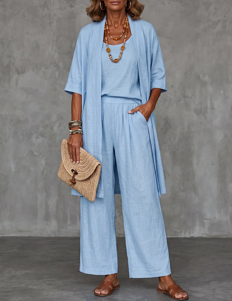 Three-Piece Linen Set with Long Cardigan