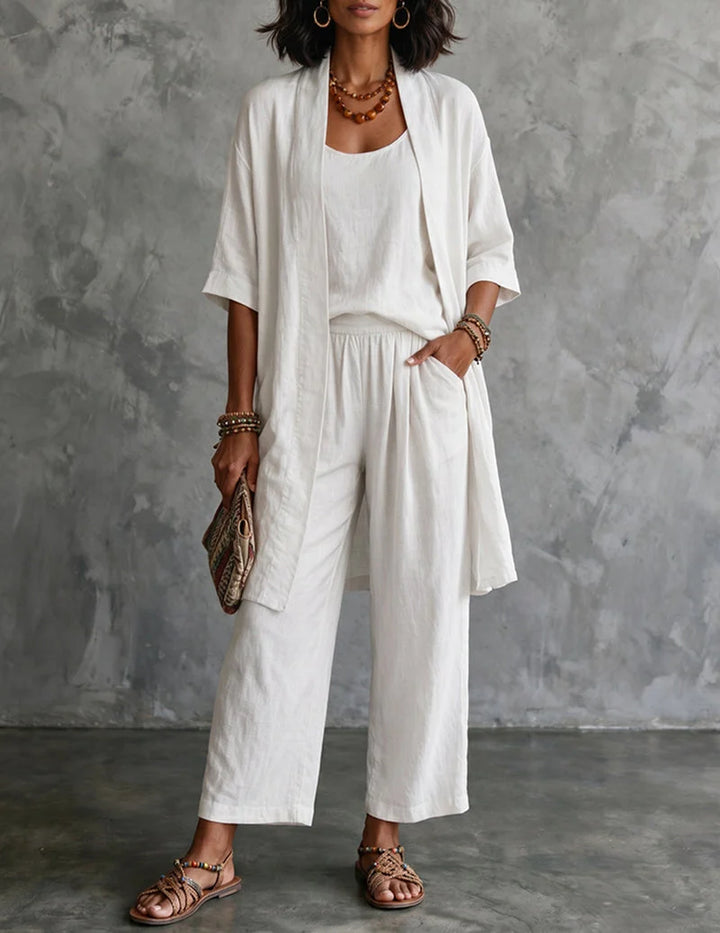 Three-Piece Linen Set with Long Cardigan