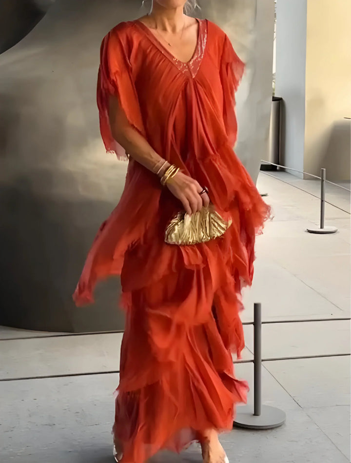 Riza | vestido plissado com decote em v e fluido