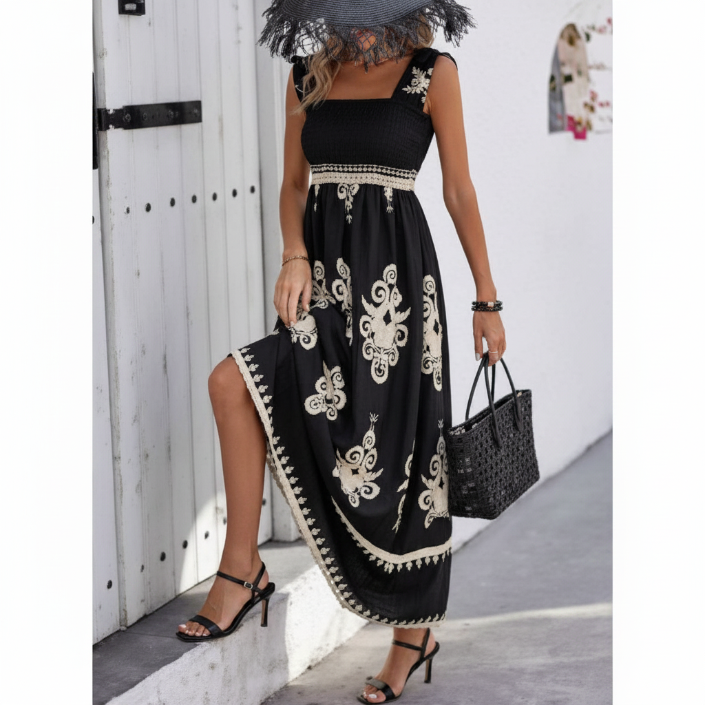 Neila | Vestido Longo Com Decote Quadrado E Padrão