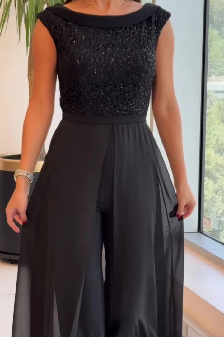 Macacão De Gala Preto Com Saia De Chiffon Sobreposta