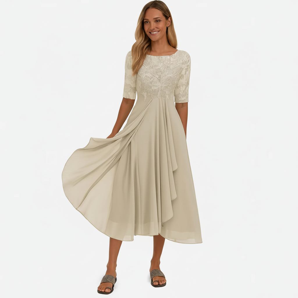 VALENTINA - VESTIDO DE ENCAJE MANGA 3/4 DORADO