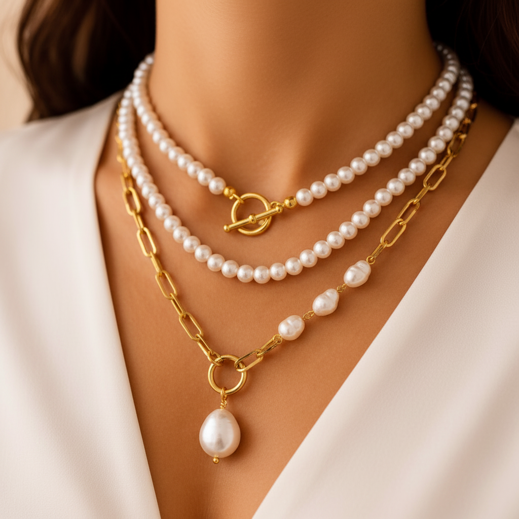 Bárbara - Conjunto de collares dorados con perlas HD 1