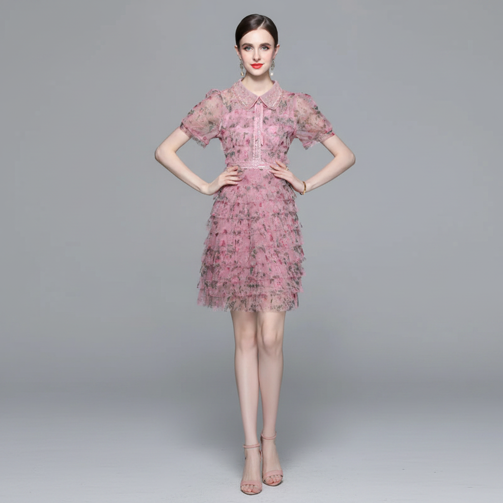 VESTIDO MINI TUL FLORAL ROSA CON CUELLO PETER PAN Y VOLANTES K26061502